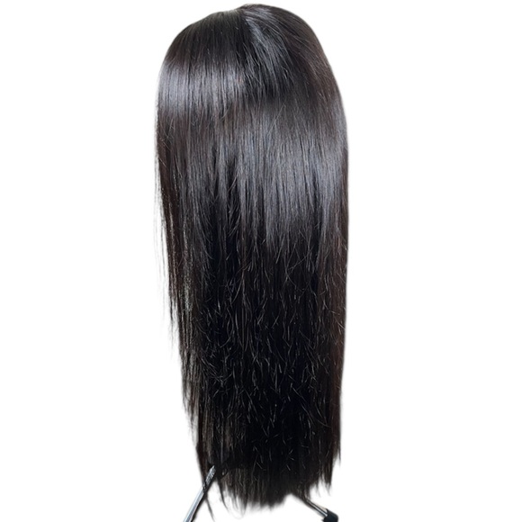 Natural Black Remy Human Hair Straight Pre Cut Glueless 24 Inch Wig - Picture 1 of 12